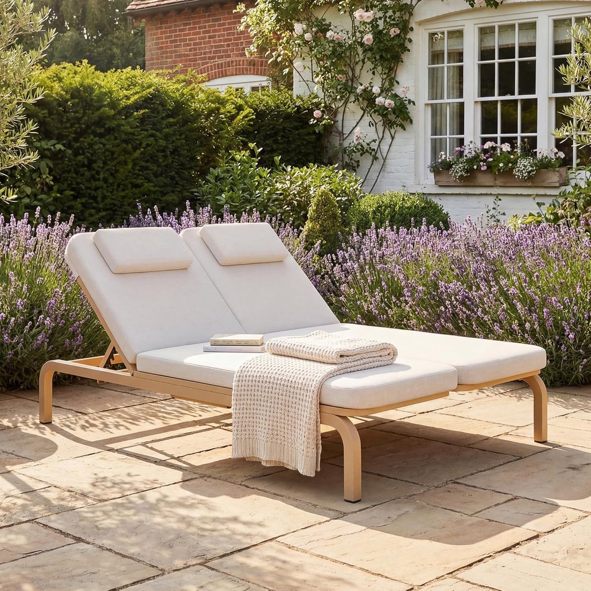 Tuinligbed 2 Personen 194x127x93 cm met Verstelbare Rugleuning, Uittrekbare Zijtafel, Hoofdkussen en Waterbestendige Bekleding Beige - Mobili Bella