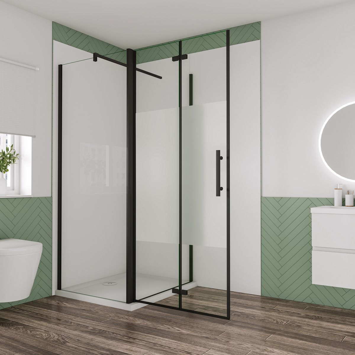 Aica Industriële douchecabine 76x80x195cm vouwdeur en vaste zijwand 6mm nano veiligheidsglas ondoorzichtige matte middenstrook mat zwarte aluminium frame F-vorm 90cm Stabilisatiestang incl. douchebak