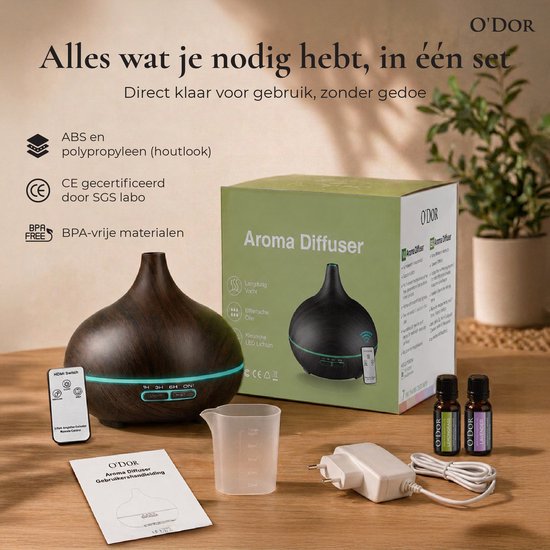 O'dor® Luchtbevochtiger - Aroma Diffuser met Geur Olie - Automatische Air Humidifier voor Slaapkamer, Babykamer, Woonkamer, Kinderkamer - Ambiance Geurdiffuser - Geurverspreider Therapie - Elektrische Ultrasone Vernevelaar & Geurverstuiver - 550ml