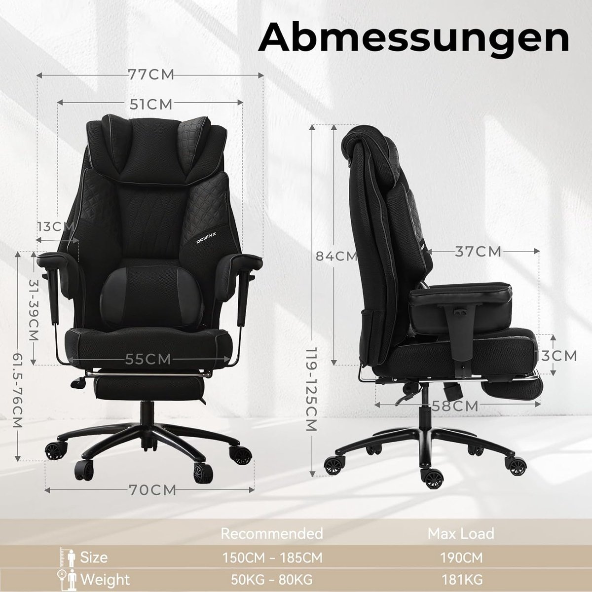 Bureaustoel XXL Ergonomisch met Massagefunctie en Voetsteun – House&Garden Titan Executive Elite Pro – Mesh Directiestoel met Verstelbare Armleuningen – Hoge Rugleuning – Gaming & Kantoorstoel – Zwart – Belastbaar tot 180 kg