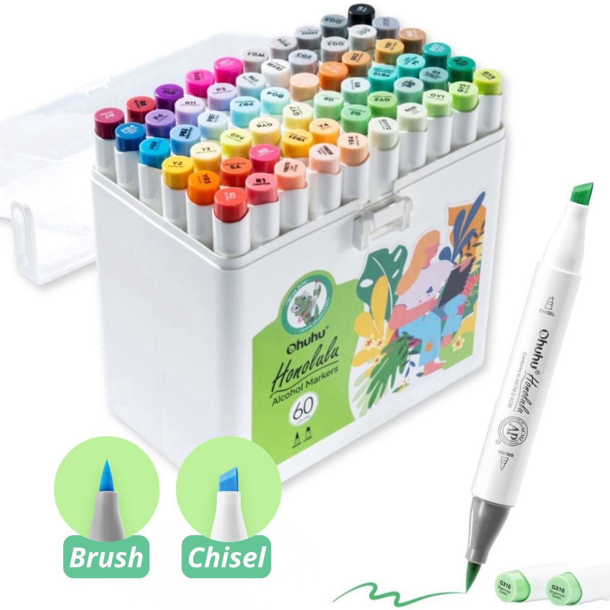 Ohuhu - Honolulu Brush & Chisel - Alcohol Art Markers - 60 kleuren - inclusief opbergbox