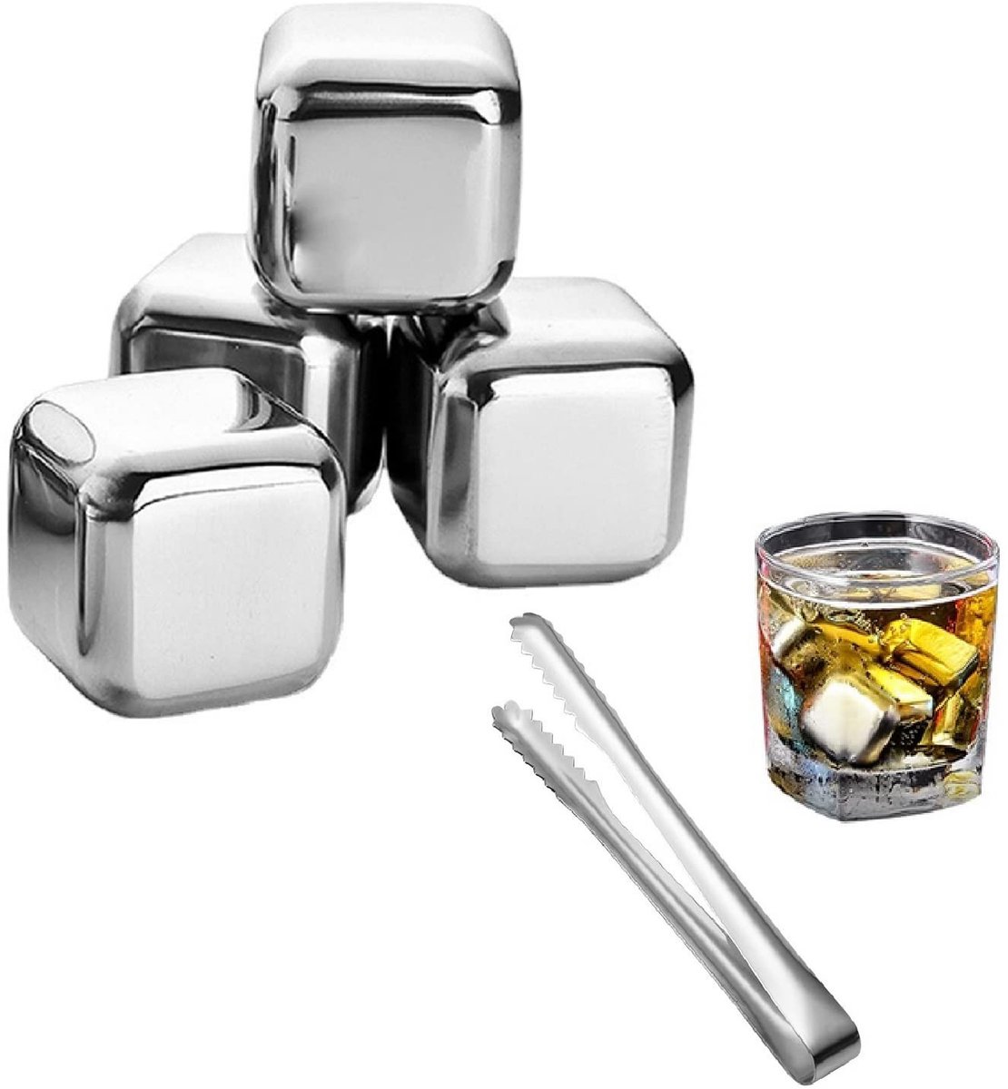 Dailygoods- IJsblokjes Roestvrij Staal - Herbruikbare IJsblokjes - Drankkoelstenen - Met Tang - Voedselveilig Koelmiddel - Behoudt Smaak - Whiskystenen
