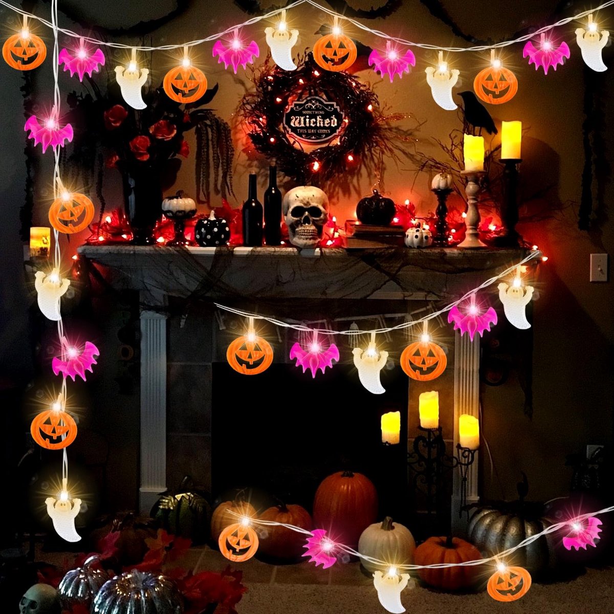 Dailygoods- Lichtsnoer Halloween 3 Meter - Decoratieve Lichtketting - 20 LEDs - Spookverlichting - Pompoen/Vleermuis/Geest - Verlichtingsmodi: Fonkelen/Continu