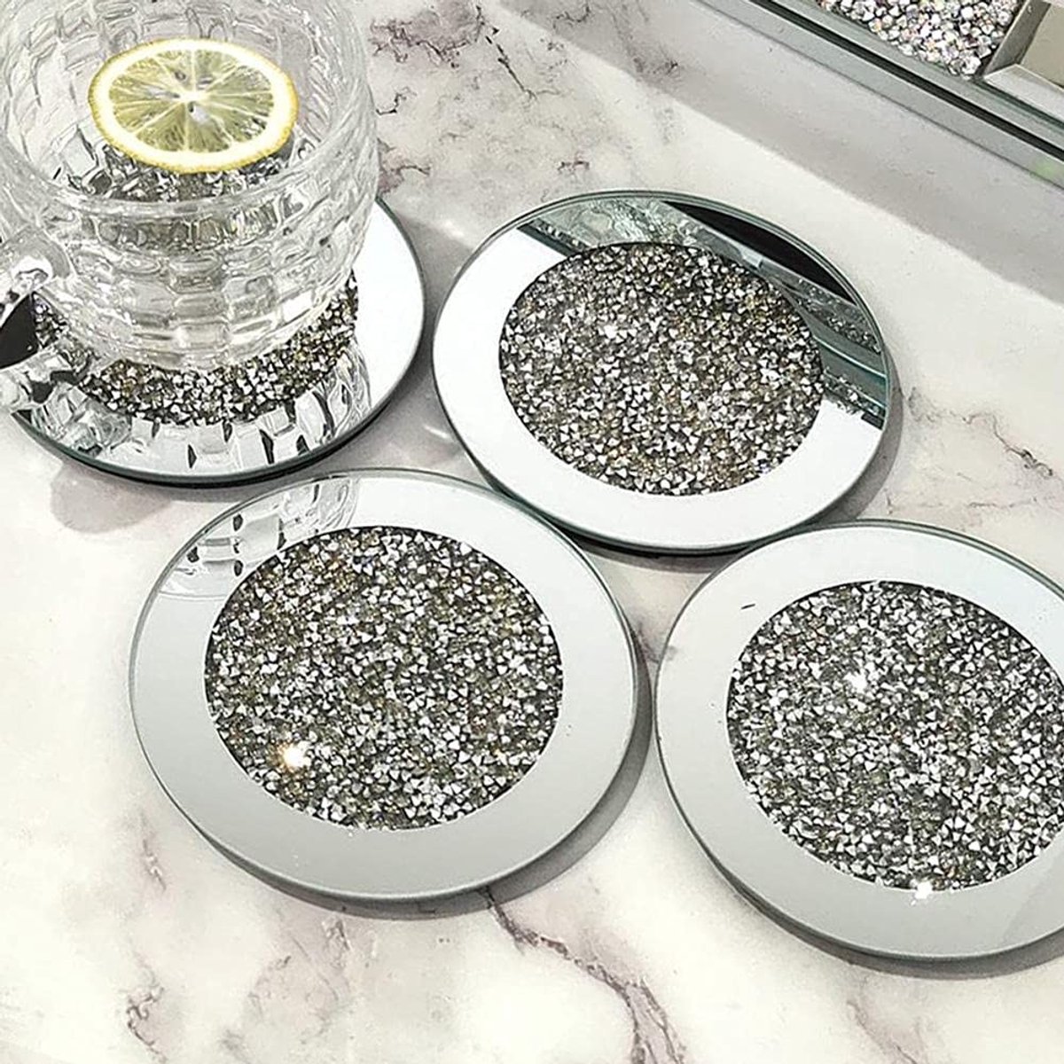 Glazen Onderzetters - Spiegel Set - Tafel Beschermen - Elegant Diamantontwerp - Set van 4 - Zilver