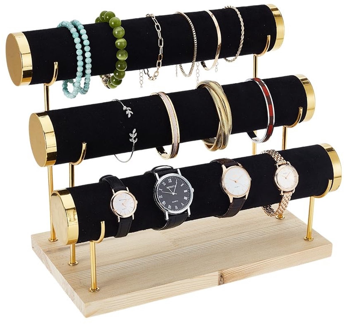 Dailygoods- Armbandhouder 3-Tier - Fluwelen Display - Houten Basis - Sieradenstandaard - Luxe Presentatie - Afneembaar 29x16x24cm