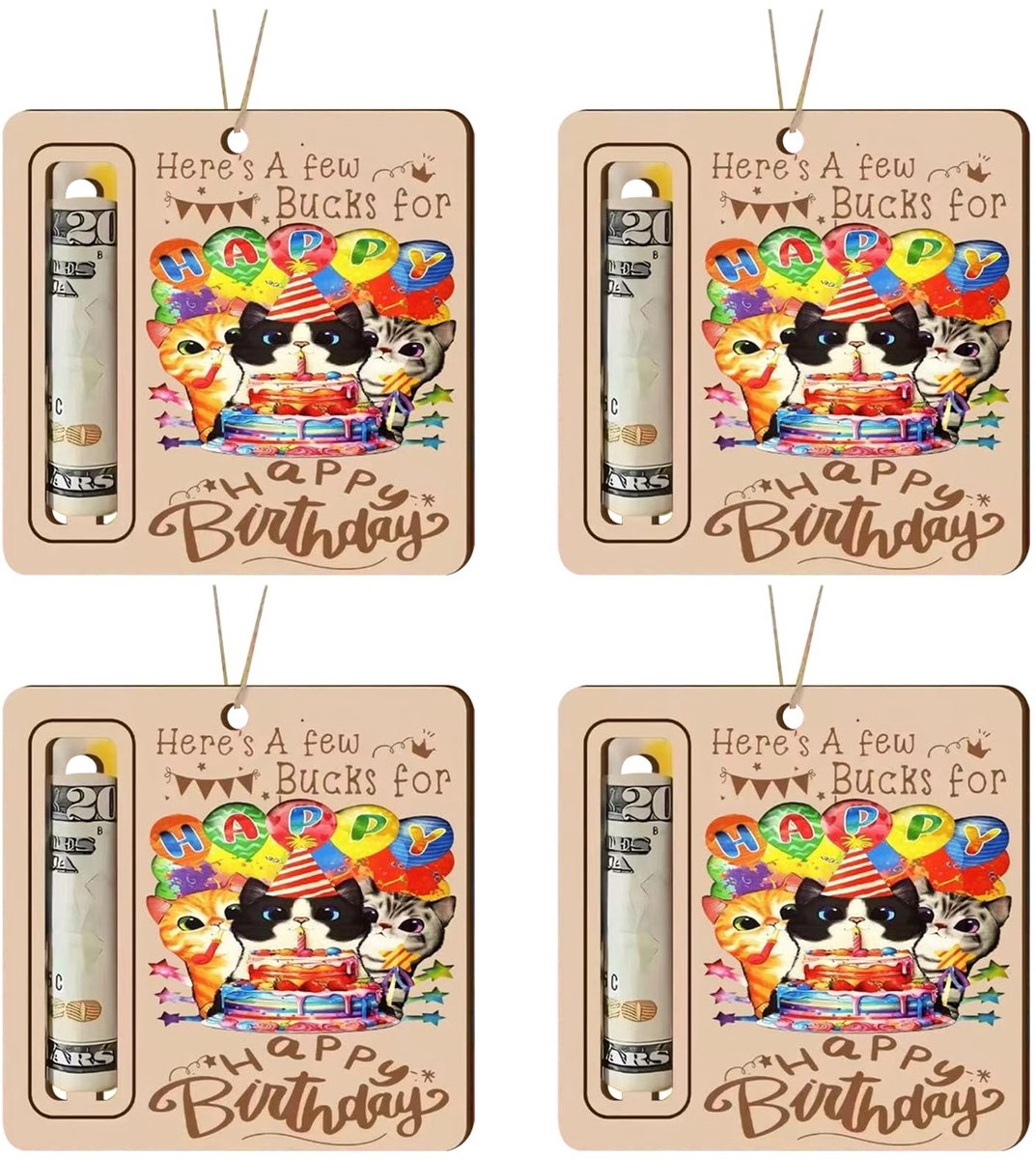 Dailygoods- Verjaardagskaart Houten - 4 Stuks - Creatief Cadeau - Geldcadeau - Veelkleurig - 10 x 10 cm - Kittens Motief - Geldkaart