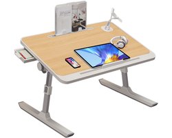 Table de lit pliable réglable en hauteur - Table d'ordinateur portable multifonctionnelle avec tiroir, étagère à livres, butée et USB - Couleur bois 60×40 cm (lampe + ventilateur inclus)