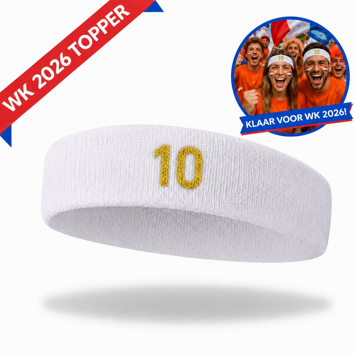 Hypify® | Hoofdband | Wit met gouden nummer 10 | One size | Zweetband | Haarband | WK2026