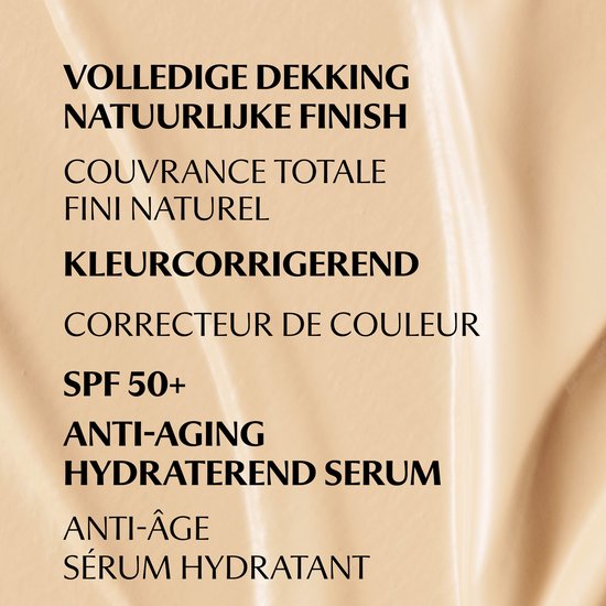 Volledige dekking, natuurlijke finish, kleurcorrigerend serum met SPF 50, anti-aging en hydraterend.