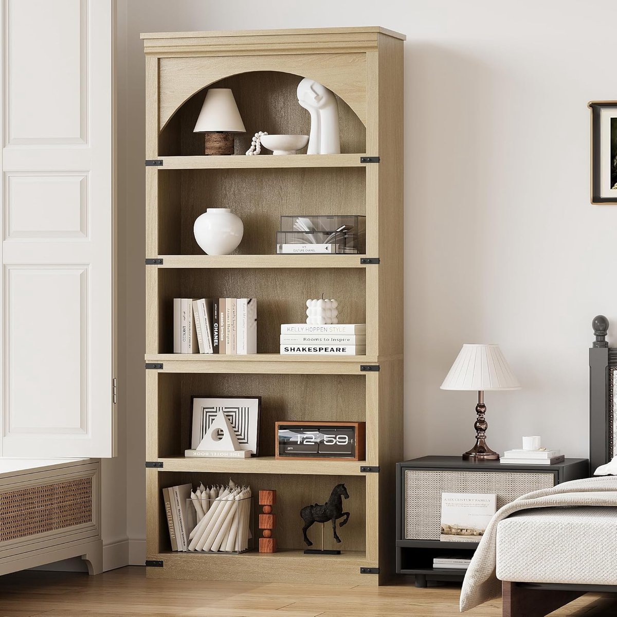 Boerenboerderij-boekenkast met boog – Houten boekenkast van 175 cm hoog met 5 planken en gebogen boogontwerp – Vintage boekenkast voor thuiskantoor, woonkamer, bibliotheek – 175×80×30 cm - Houtkleur