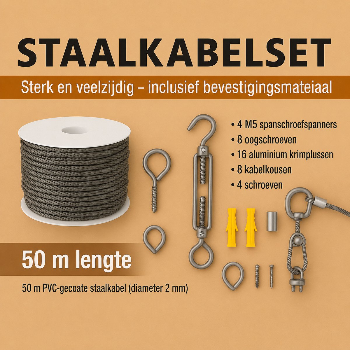 Glissimo - Staalkabelset 50 m x 2 mm - Staalkabel - Spandraad - Staaldraad - (RVS)
