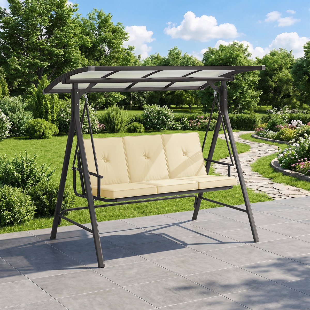 Bealife CD02 Hollywoodschommel – 3-zits tuinschommel met verstelbare zonnekap – 206 × 121 × 182 cm - Beige