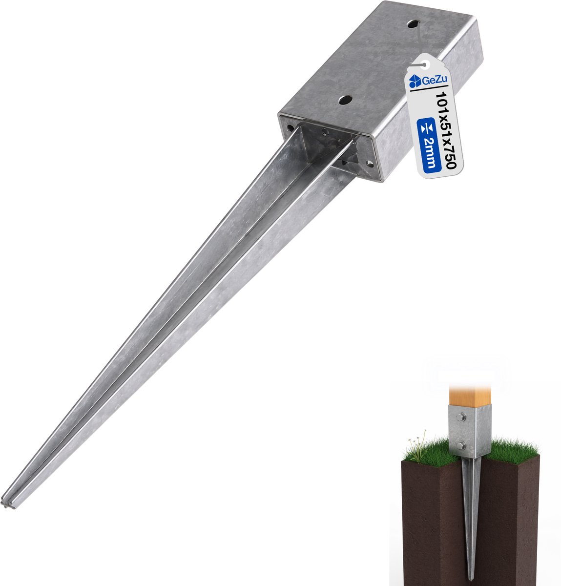GeZu Impex GeZu Impex Paalhouder Met Punt 51 x 101 x 750 mm Thermisch Verzinkt Puntpaalhouder Paalpunten Paaldrager Paalvoet met Punt Inslagbodemhuls Paalanker