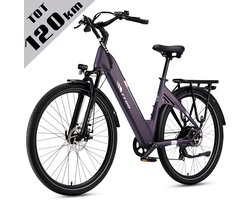 Elektrische Fiets TTGO C3 - 36V 18AH Accu - Actieradius Tot 120 Km - 28×2.0 Inch Wielen- Aluminium Lage Instapframe -Shimano 7 Versnellingen - Mechanische Schijfremmen - LCD Display - Elektrische Stadsfiets - paars
