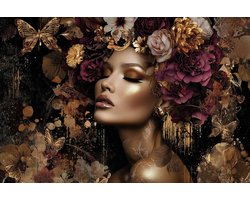 Glasschilderij Gouden vrouw met bloemen