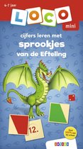 De voorkant van het LOCO mini spel 'Cijfers leren met Sprookjes van de Efteling'. Een groene draak staat centraal, met spelonderdelen met cijfers en rode en groene kaarten.
