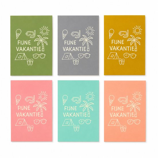 Zes kaarten met vakantiethema. Kleuren: groen, grijs, geel, roze, turquoise, oranje. Alle kaarten hebben witte illustraties: ijsje, duikbril, palmboom, zon, bril, tent, slippers.