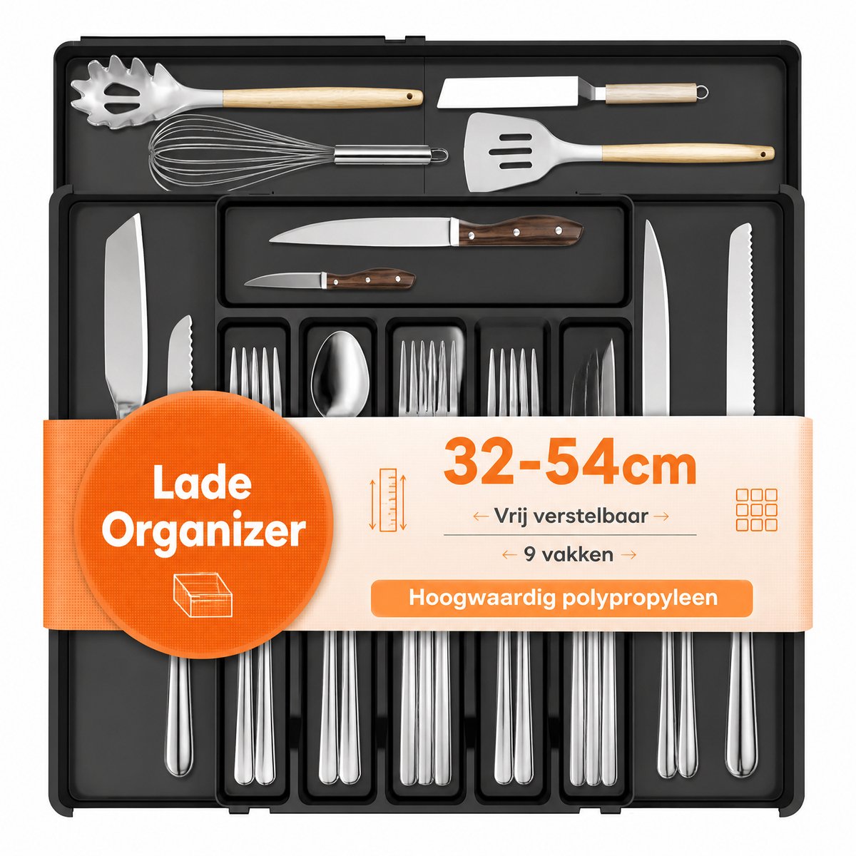 Uitschuifbare Besteklade Organizer - 9-Vaks Bestek Bak - Keuken Lade Indeling - PET Bestek Opberg Tray - Zwarte Keuken Organizer