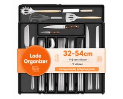 Uitschuifbare Besteklade Organizer - 9-Vaks Bestek Bak - Keuken Lade Indeling - PET Bestek Opberg Tray - Zwarte Keuken Organizer