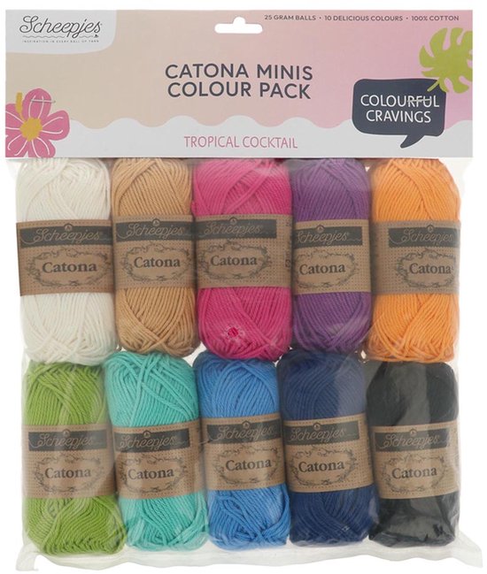 Mini pelotes Scheepjes Catona en 10 couleurs: blanc, beige, rose, violet, orange, vert, turquoise, bleu, bleu foncé et noir.