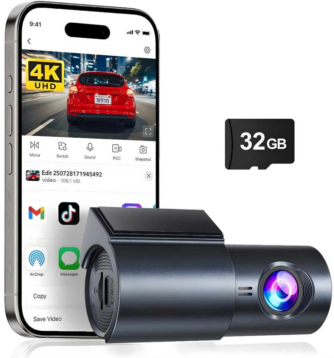 KAD® Dashcam - Full HD Dashcam met Nachtzicht - Voor- en Achtercamera met Nachtzicht - Zwart - 9cm x 4cm x 4cm