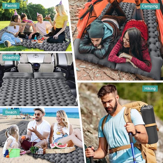 Hutjemutje - opblaasbare kampeerslaapmat - voor 2 personen - ingebouwde voetpomp - met kussens - 196x125x9CM - geschikt voor backpacken, wandelen, autotochten, kamperen in tenten - grijs — afbeelding 3