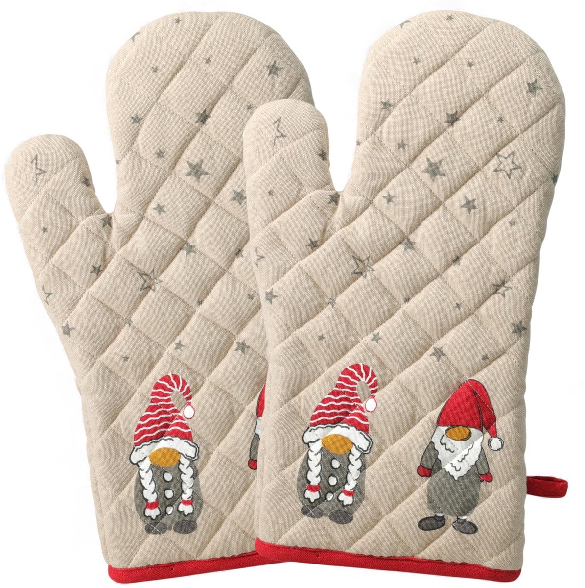 Dailygoods- Kersthandschoenen 2-delige set - Hittebescherming van katoen - Kabouterdesign - Sterrenpatroon - Ophanglus - 32 x 16 cm - Ovenwanten