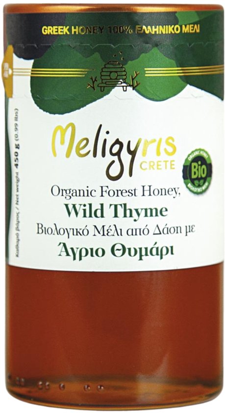 Een pot biologische wilde tijmhoning van Meligyris, Kreta, 450g.
