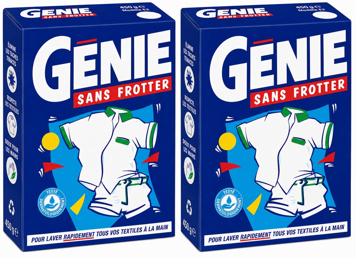 GENIE Sans Frotter Waspoeder 450 g - Set van 2 Pakken (0.9 kg Totaal) - Vlekverwijderaar Handwas Poeder voor Witte en Bonte Was - Werkt in Koud Water - Voordeelpak