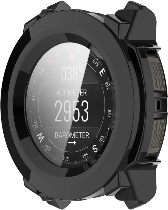 Zwarte beschermhoes met glanzend scherm voor Garmin Instinct 3 smartwatch. Toont 38 graden, 2953 meter altimeter en barometer.