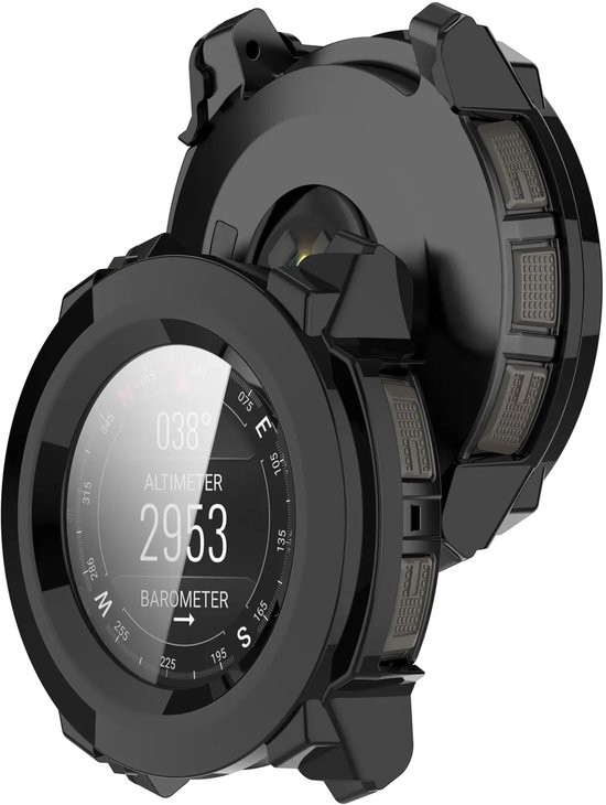 Zwarte beschermhoes met screenprotector voor Garmin Instinct 3 smartwatch. Toont 38 graden, 2953 meter altimeter en barometer.