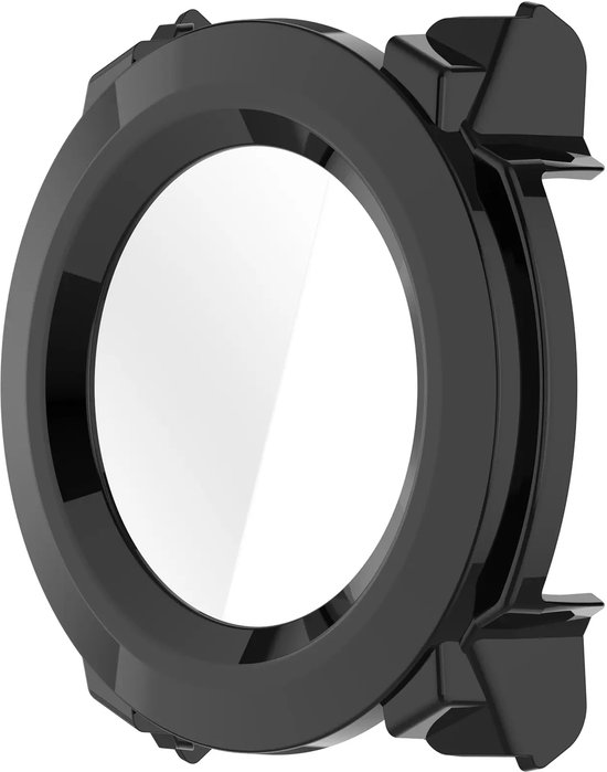 Zwarte beschermhoes met een glanzend scherm, ontworpen voor een Garmin Instinct 3 smartwatch.