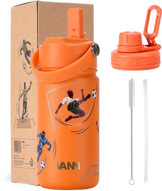 VANN® 3-Wandige Drinkfles en Schoolbeker voor kinderen met rietje in 1 – 400 ML – RVS – Met 4 accessoires – 24 uur koud/12 uur warm – Soccer