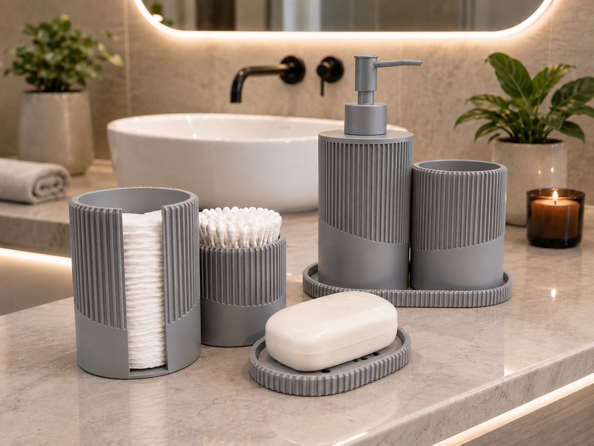 Skushy Japandi Badkameraccessoires Set - Grijs - Minimalistisch Design - 6 delig - Grijs