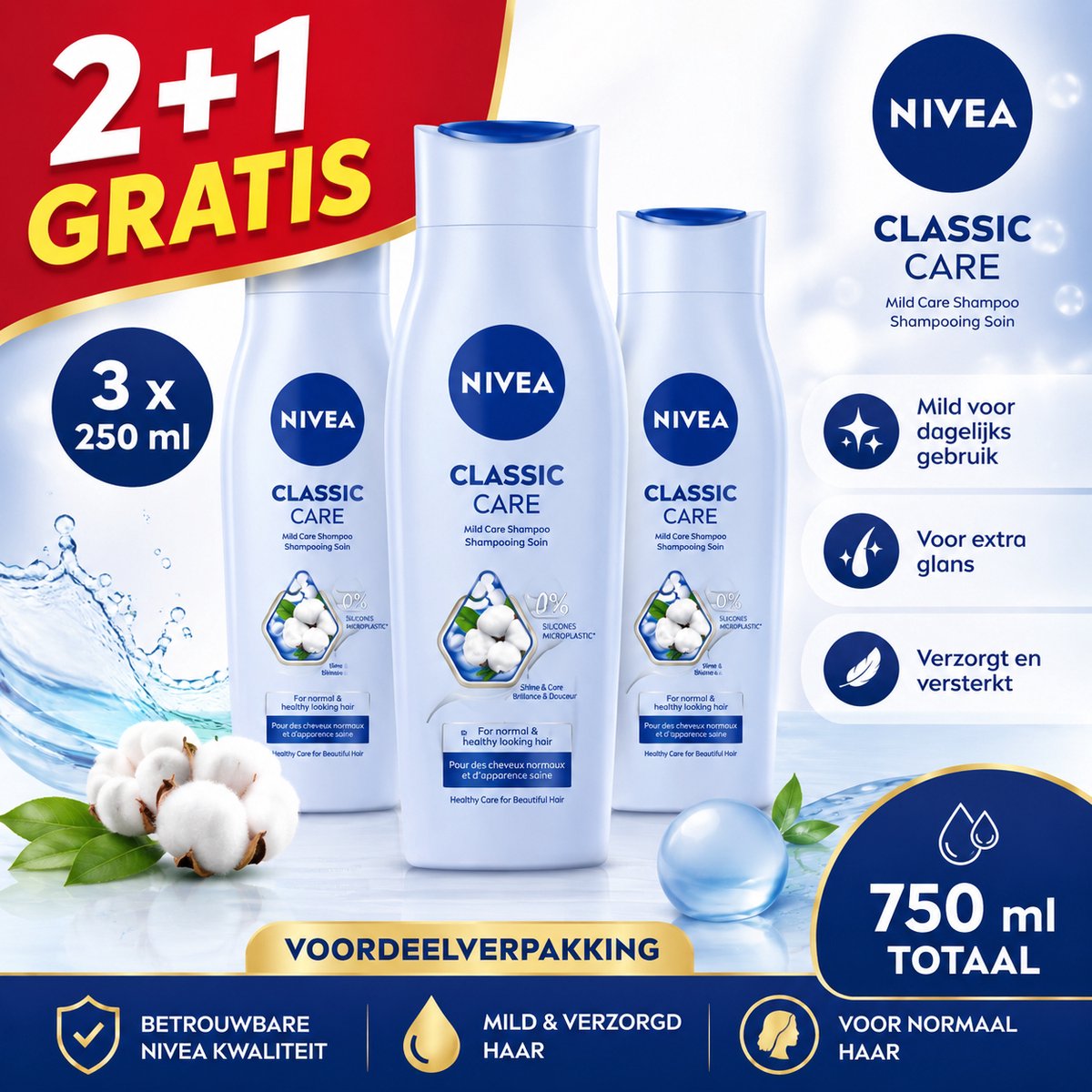 NIVEA Classic Care Shampoo - Voordeelverpakking 3 x 250 ml - 2+1 Gratis - Voor Extra Glans
