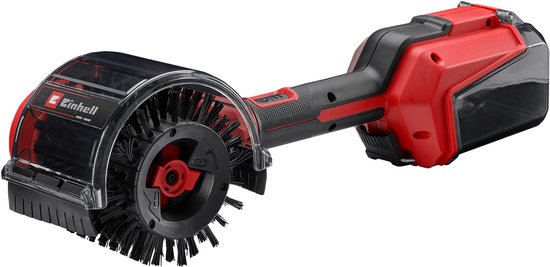 Een rode en zwarte accu-oppervlaktereiniger van Einhell met een grote borstel en een doorzichtige kap.