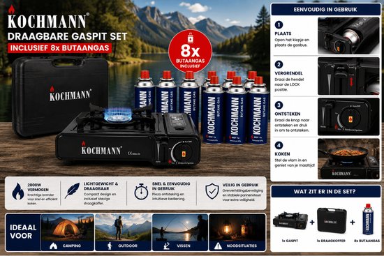 Kochmann Draagbare Gaspit Set incl 8x Butaangas Bus 227g – Camping Kooktoestel met Draagkoffer – Gasbrander Campingkooktoestel 2800W – Outdoor Koken - Kamperen - Caravan - Camper - Tent - Visvakantie - Festival - Survival - Noodpakket & Stroomuitval — afbeelding 3