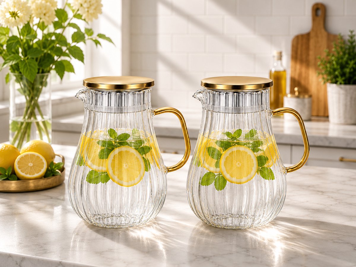 Mevaz Glazen Karaf Set van 2 – 1800 ml per Karaf – Waterkaraf met Deksel en Handvat – Geribbeld Glas – Sapkan voor Water, Sap & IJsthee – Transparant Luxe Design