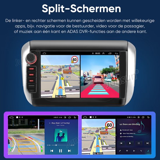 Split-scherm functie op het autoradio: navigatie links, verkeer rechts. Ook muziek en DVR functies.