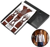 Sorprese - Luxe Chique Bretels - Bruin - Donkerbruin Leer - 6 Stevige Clips - Bretels Heren Volwassenen - Inclusief Cadeaudoos