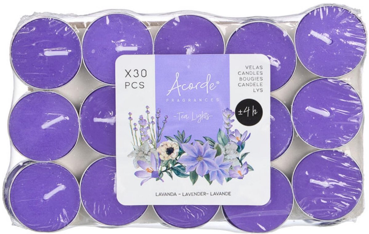 Acorde theelichtjes - lavendel geur - 30x - paars - waxinelichtjes/geurkaarsen - 3 branduren