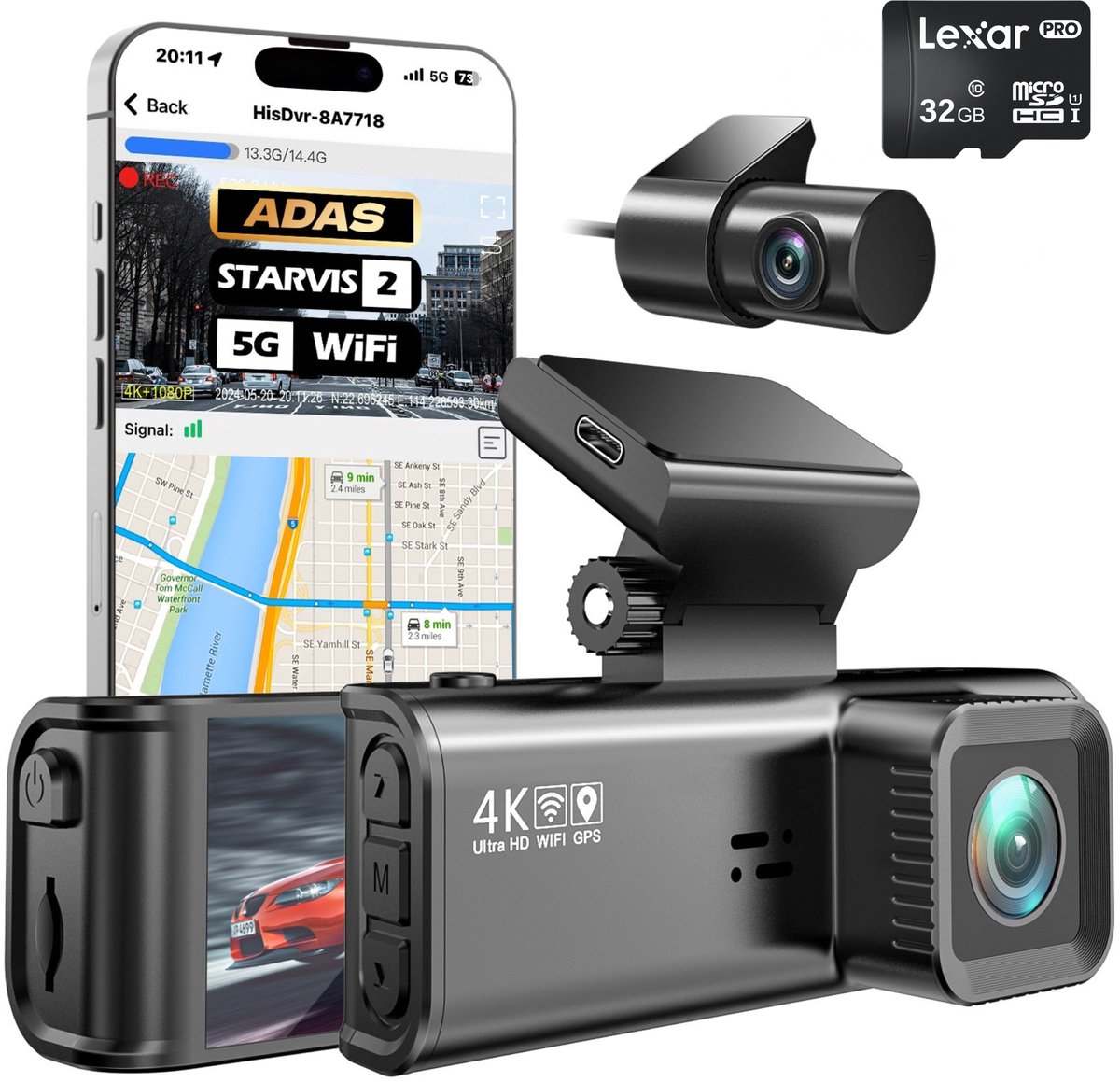 SyncGear 4K Dashcam Inclusief SD Kaart - Nieuw 2026 - Met 2K Achter Camera - Wifi & GPS - Ingebouwde ADAS - WDR