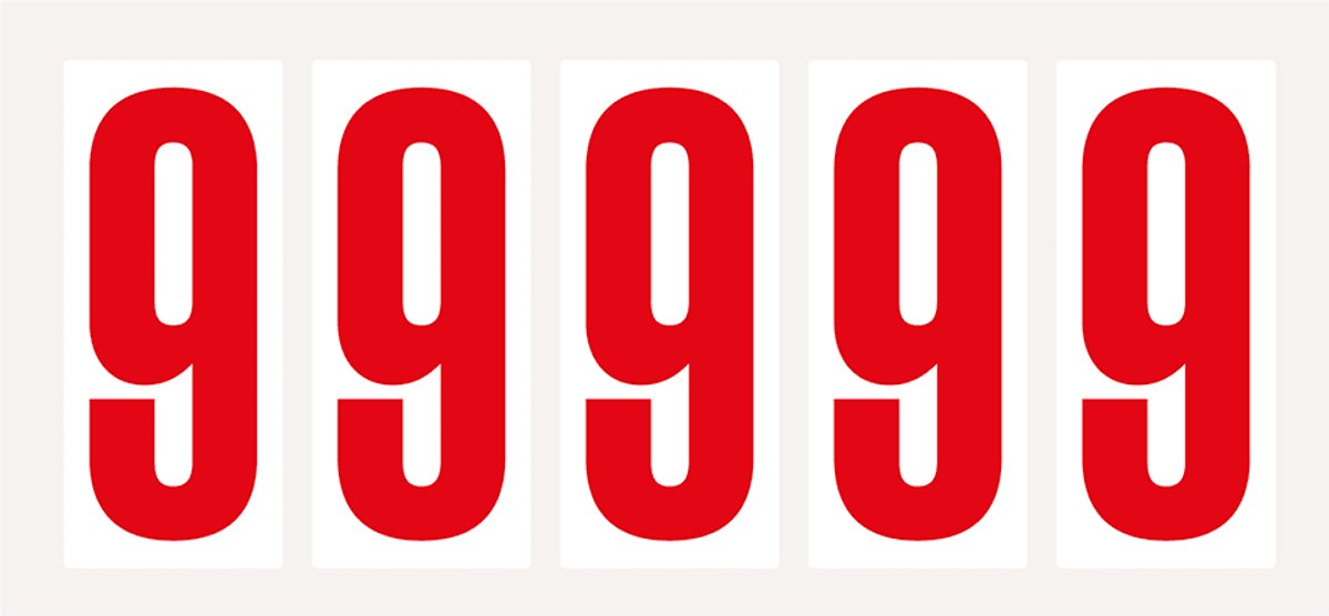 Cijfer stickers 0-9 - zelfklevende folie - 20 kaarten - rood wit teksthoogte 75 mm Cijfer 9