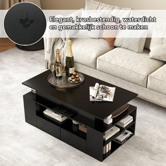 Zwarte salontafel, met champagne en snacks, met tekst over elegant, krasbestendig en waterdicht oppervlak.