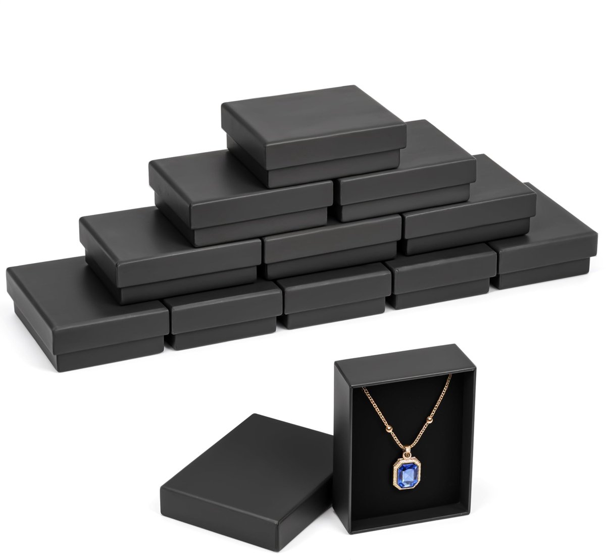 Dailygoods- Sieraden Display - 12 Geschenkdozen met Deksel - 9 x 7 x 3 cm - Mat Kartonnen Verpakking - Zwart Velours Inleg - Schuim Inleg voor Oorbellen/Kettingen/Armbanden/Ringen