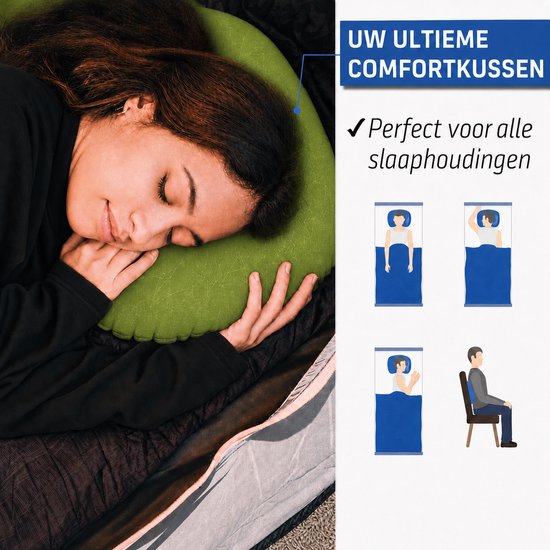 Opblaasbaar Reiskussen - Kampeer Kussen - Lichtgewicht Nekkussen - Compact Hoofdkussen met Draagtas - Groen — afbeelding 3
