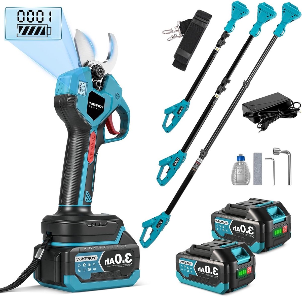 2-in-1 Accu Snoeischaar met Telescoop, Borstelloze Motor, 32 mm Snijdikte, Elektrische Snoeischaar met Telescoopstang 1.2-2 m, 2 x 3.0 Ah Accu's, LCD Scherm, Perfect voor Takken en Tuinonderhoud