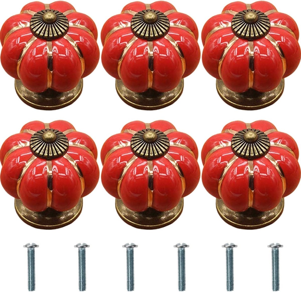 6 Stuks Pompoen Meubelknoppen Rood Vintage Keramiek Knoppen met Schroeven voor Kast, Lade en Decoratie van Meubels
