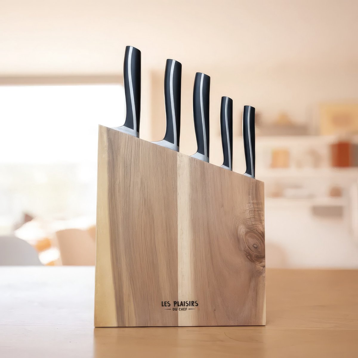 Cadeautip! Messenblok met 5 delige messenset, voor de betere hobbykok - scherpe messen - mooie houten messenblok - Les Plaisirs Du Chef