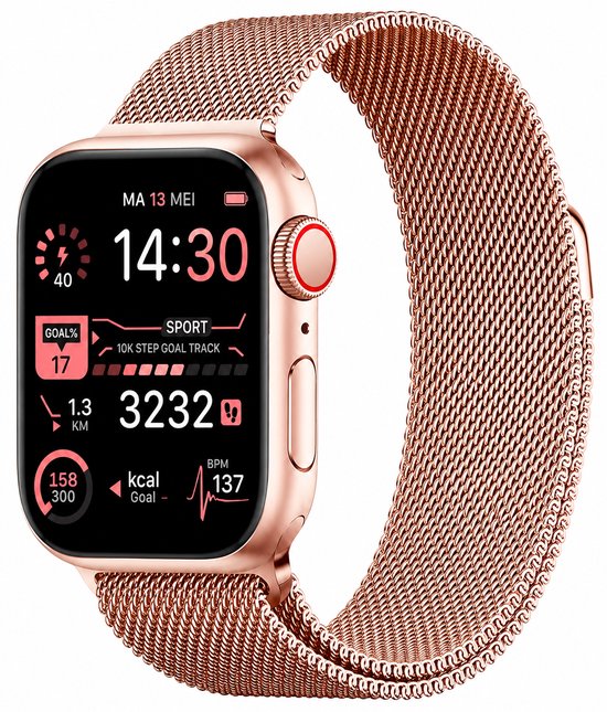 Roségouden smartwatch met roségouden Milanese band, toont sport- en doelgegevens: stappen, afstand, calorieën en hartslag.